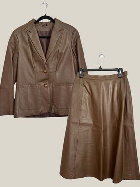 Vintage Brown Leather Blazer Skirt Set Women’s Size US 10 M Quiet Luxury